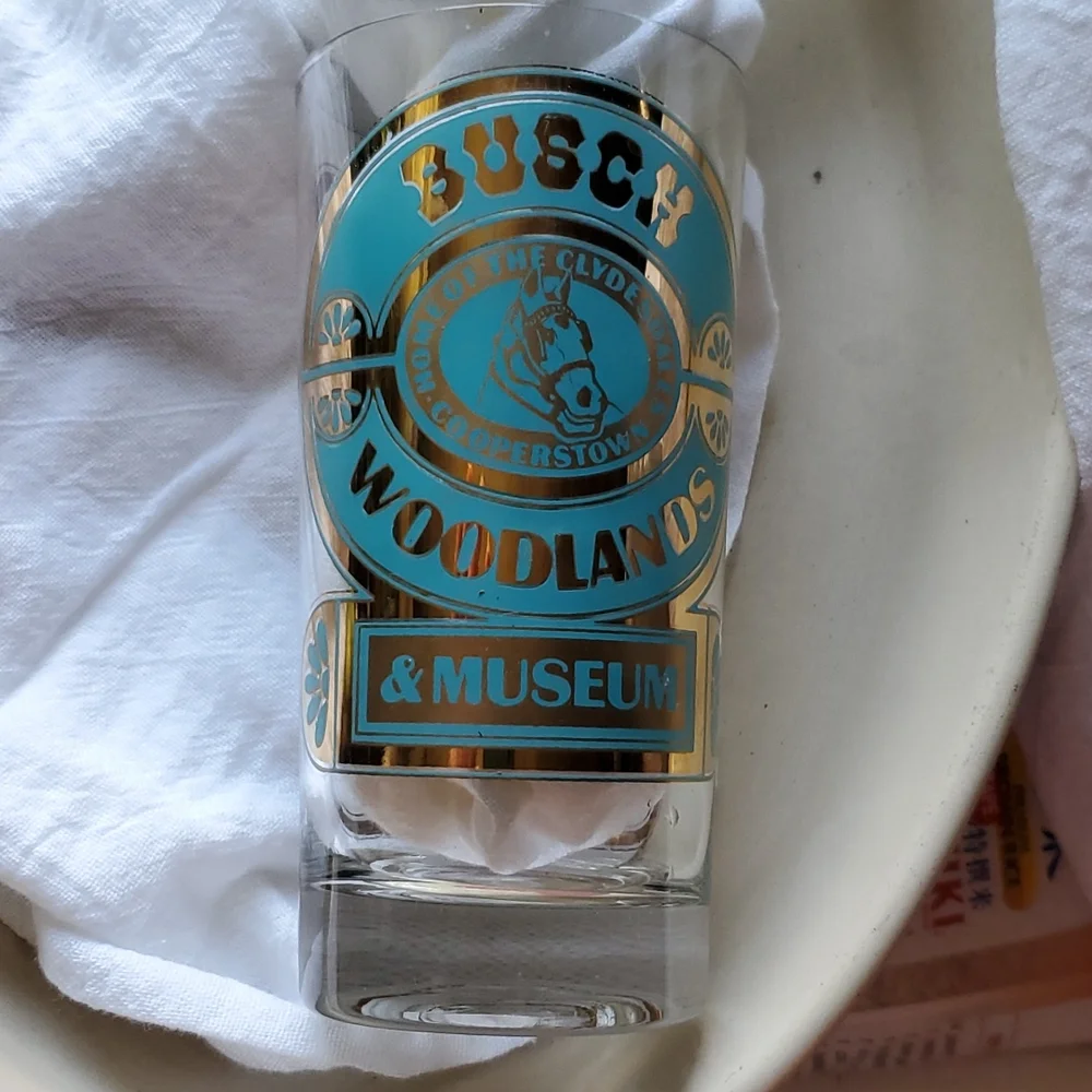 Vintage Busch Woodlands Clydesdale Horses Gold + Aqua Drinking Glass
